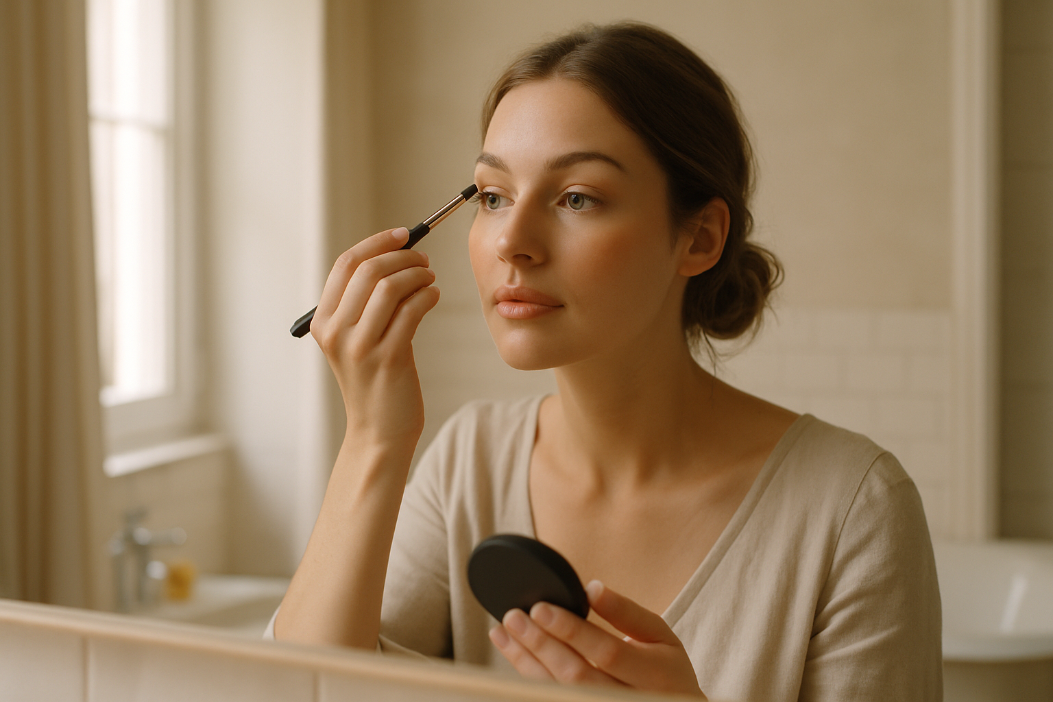 Femme réalisant un maquillage naturel devant un miroir en lumière douce