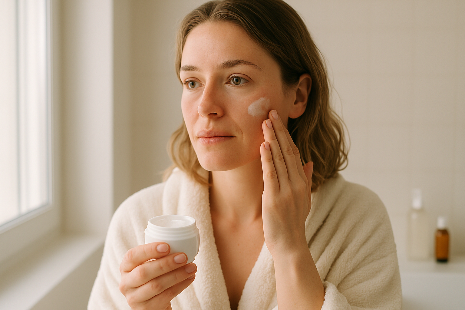 Femme appliquant une crème douce pour peau sensible dans une salle de bain lumineuse